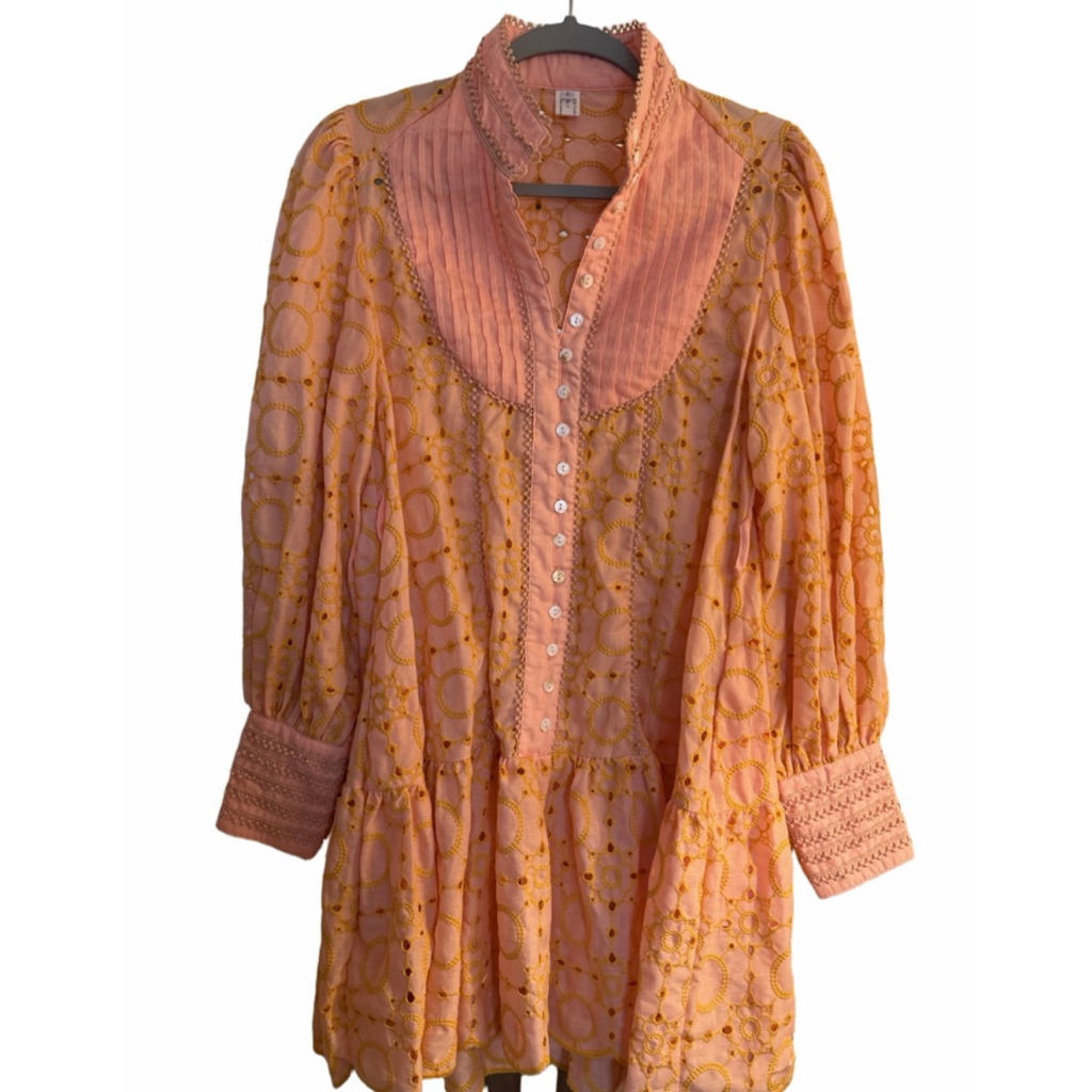 New Cotton Long Loose Sleeve A-Line Embroidery Mini Dress S